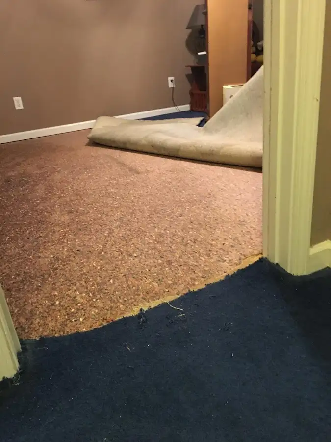 Carpet pad removal revealing water damage during Water Mitigation Services in Blackwell